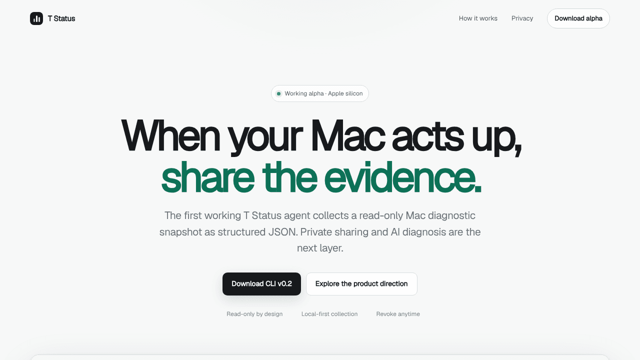 T Status website screenshot