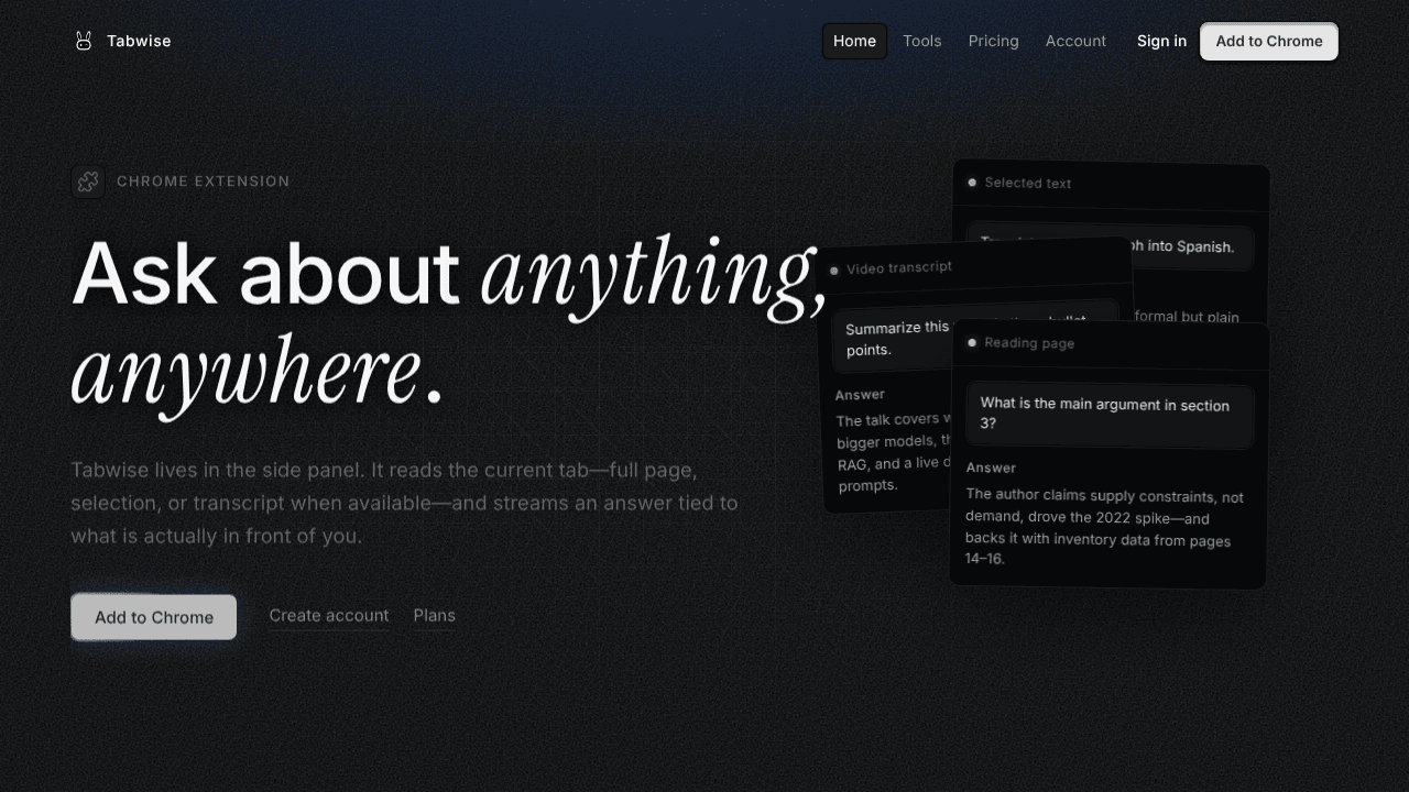 Tabwise - AI assistant on every page website screenshot