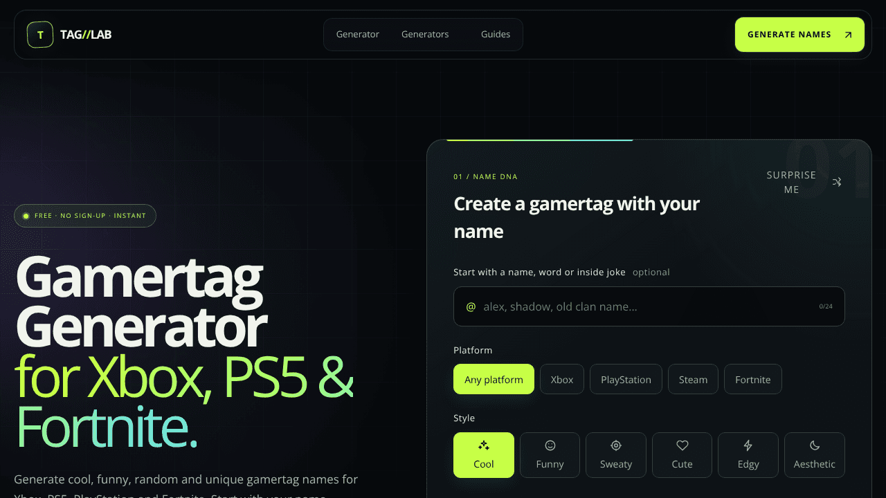 TAG//LAB: gamertag generator website screenshot
