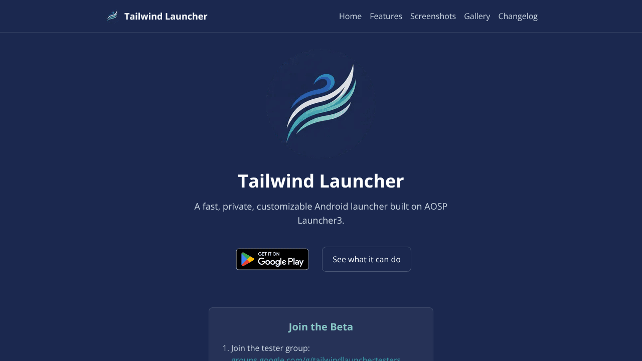 Tailwind Launcher (beta) website screenshot