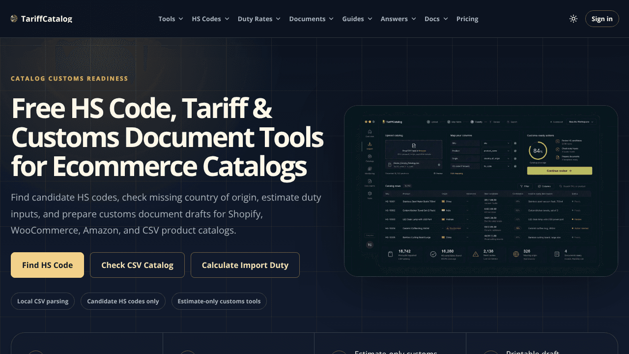 TariffCatalog website screenshot