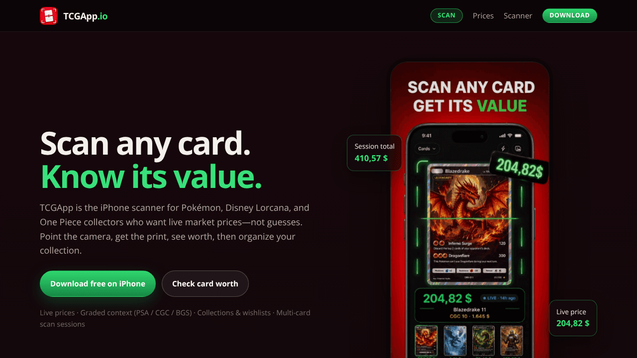 TCGApp.io - Card Scanner for Pokemon website screenshot