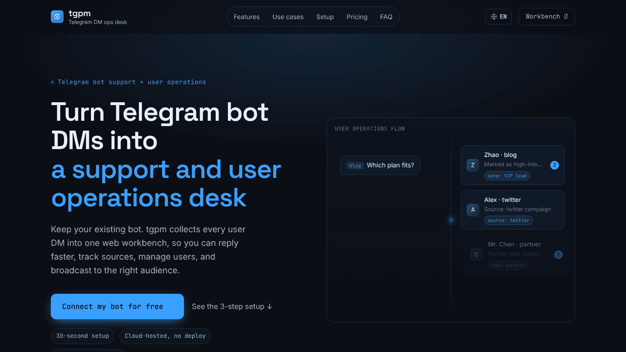 Telegram bot DM website screenshot