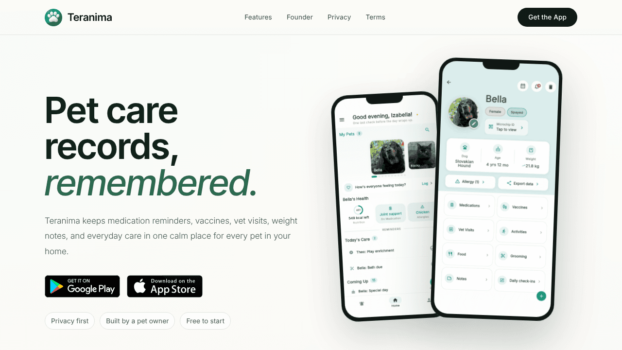 Teranima: Pet Care Tracker website screenshot
