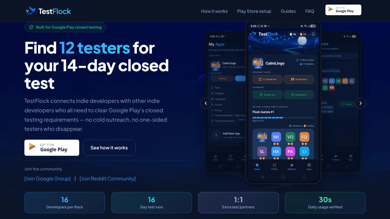 TestFlock — 12 Testers 14 Days website screenshot