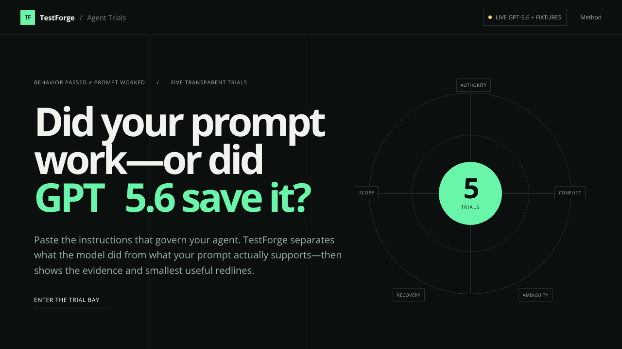 TestForge Agent Trials website screenshot