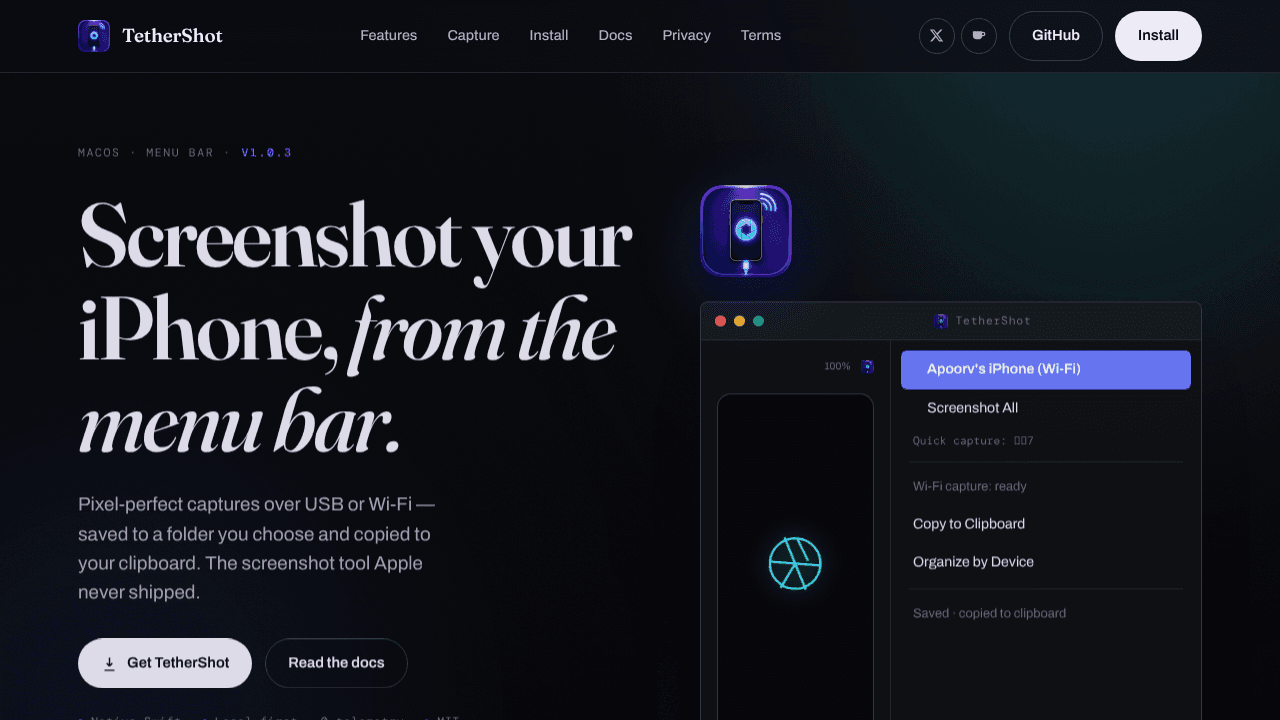 TetherShot website screenshot