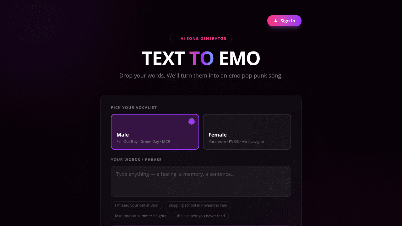 Text to Emo website screenshot