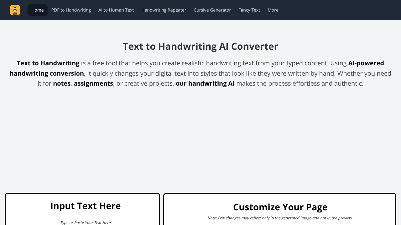Text to handwriting converter website screenshot