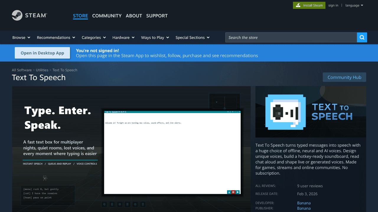 Text To Speech on Steam website screenshot