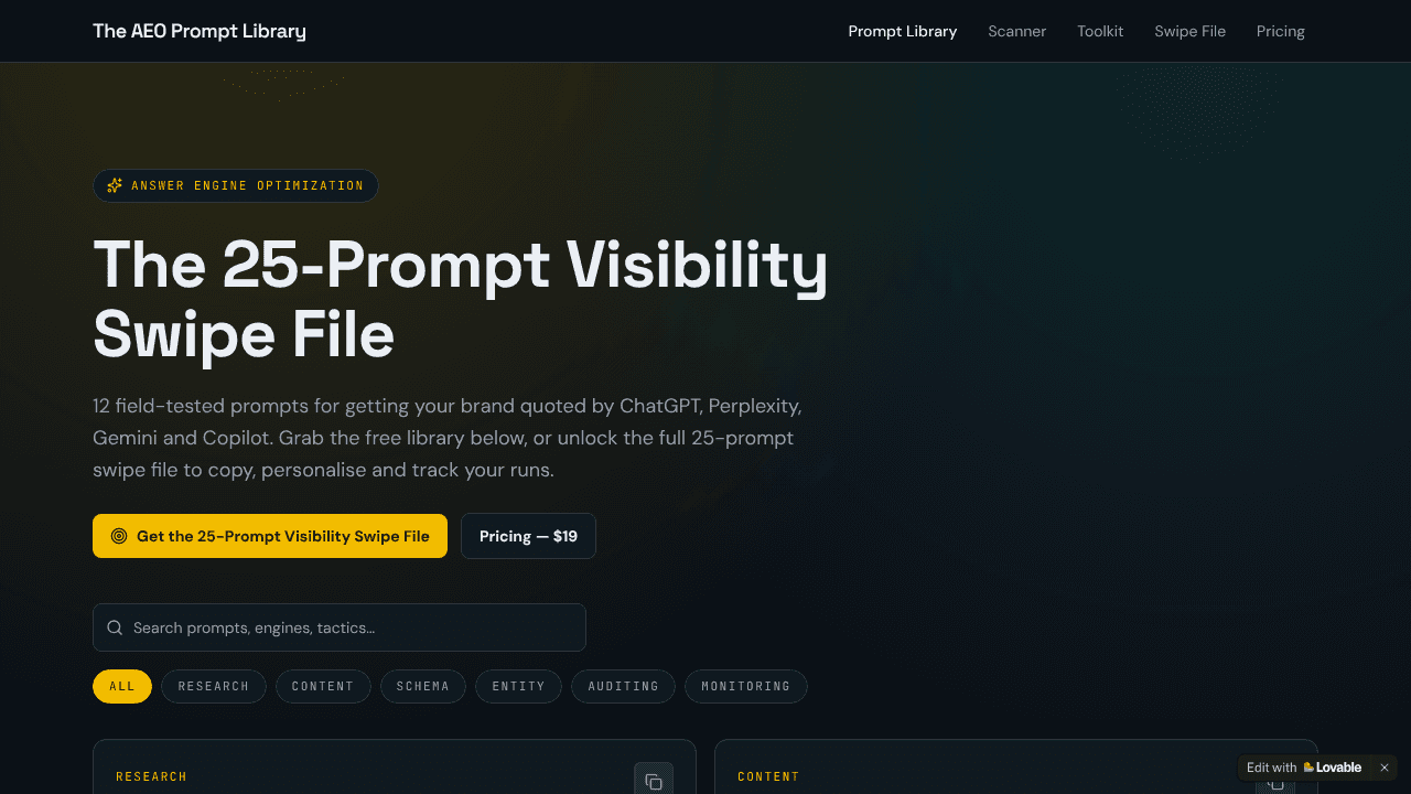 The AEO Prompt Library website screenshot