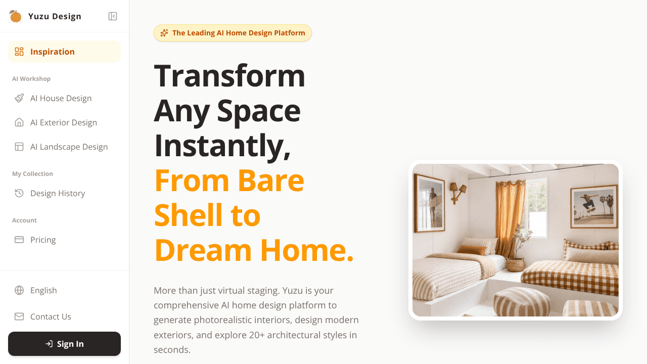 The Best Home Design 」 Yuzu Design AI website screenshot