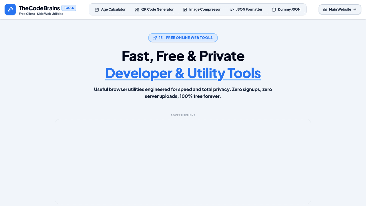 The Code Brains Tools Hub website screenshot