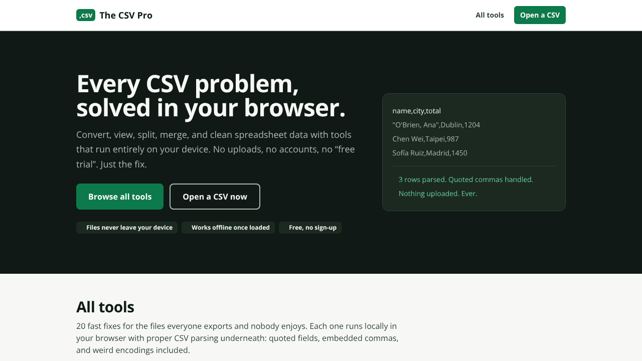 The CSV Pro website screenshot