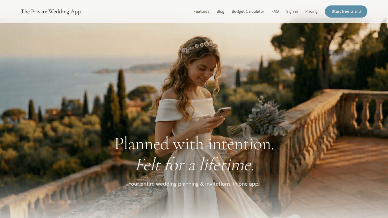 The Private Wedding App website screenshot