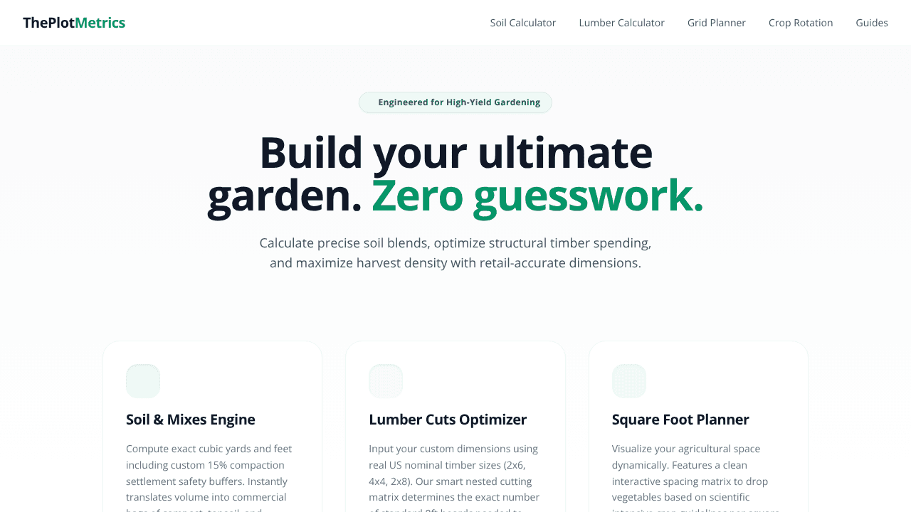 ThePlotMetrics - Backyard & Bed Toolkits website screenshot