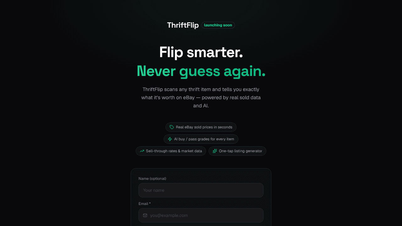 ThriftFlip Waitlist website screenshot