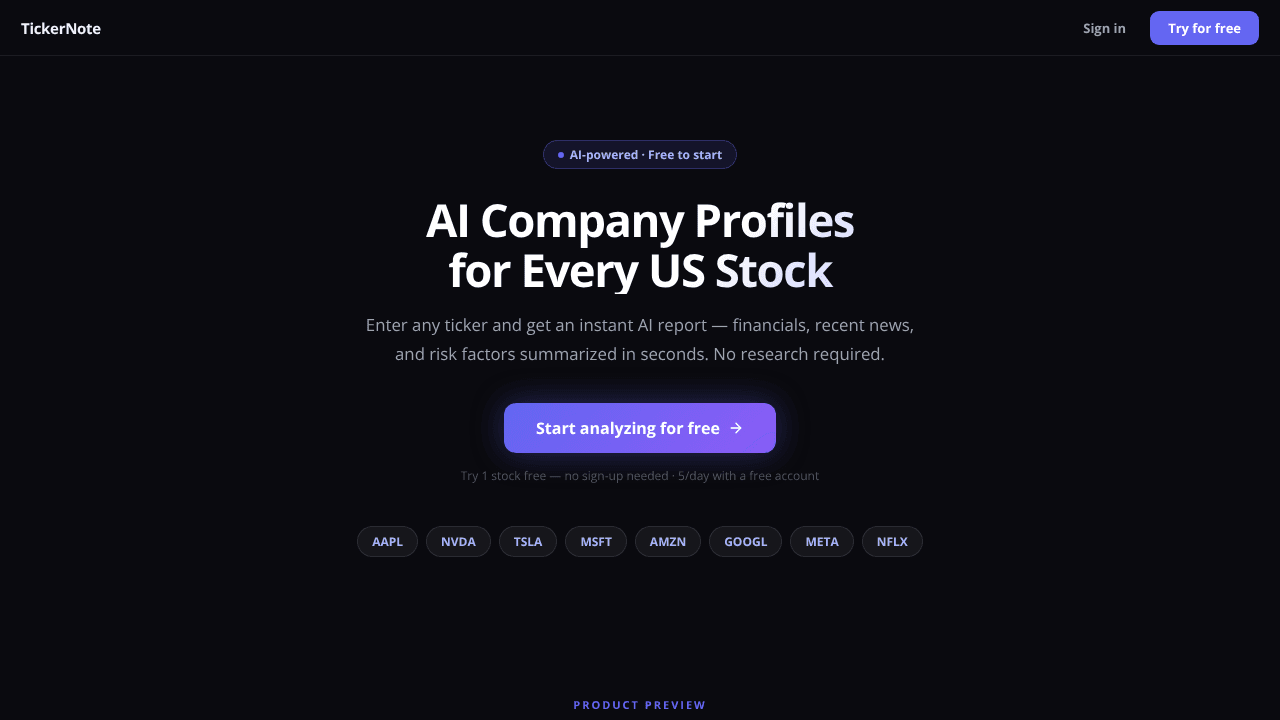TickerNote website screenshot