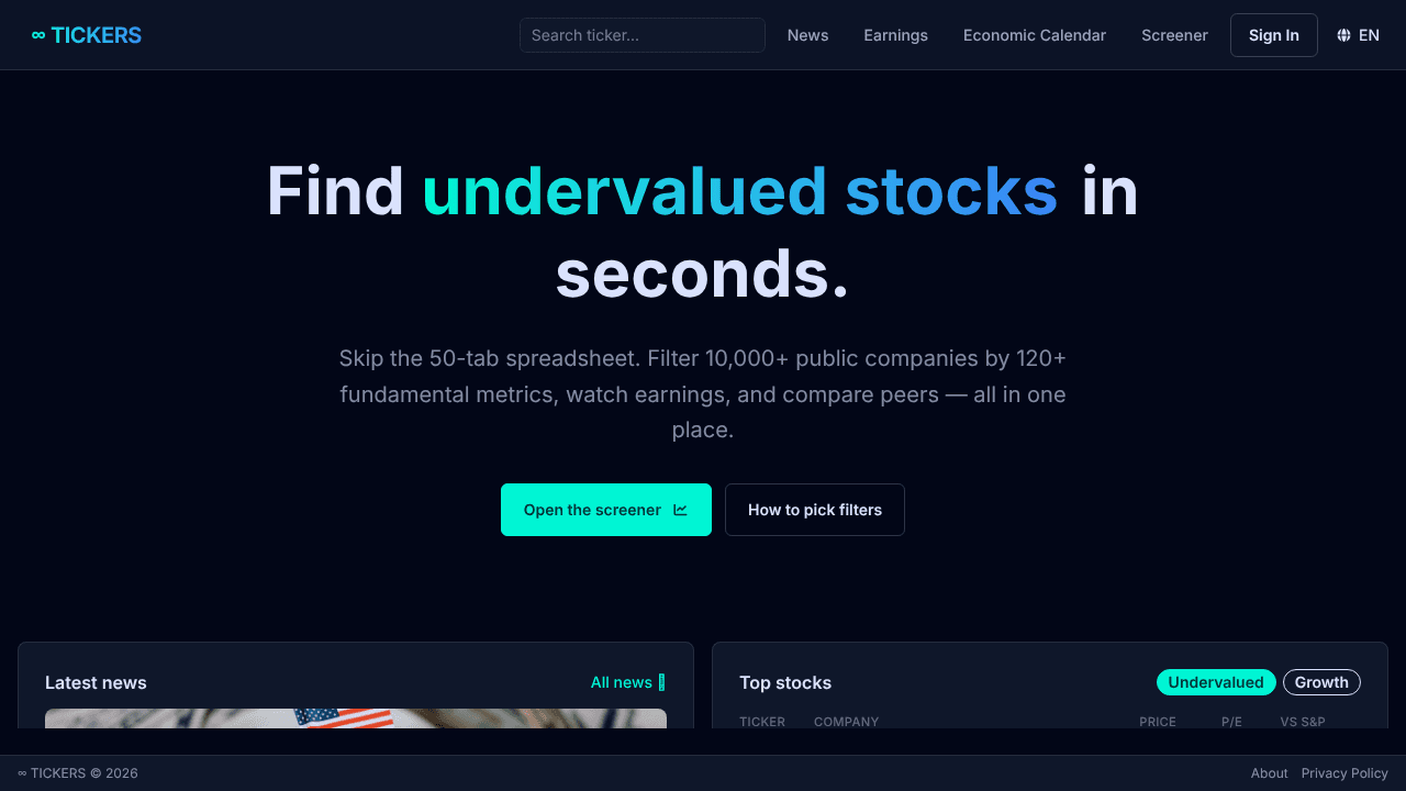 ∞ TICKERS website screenshot