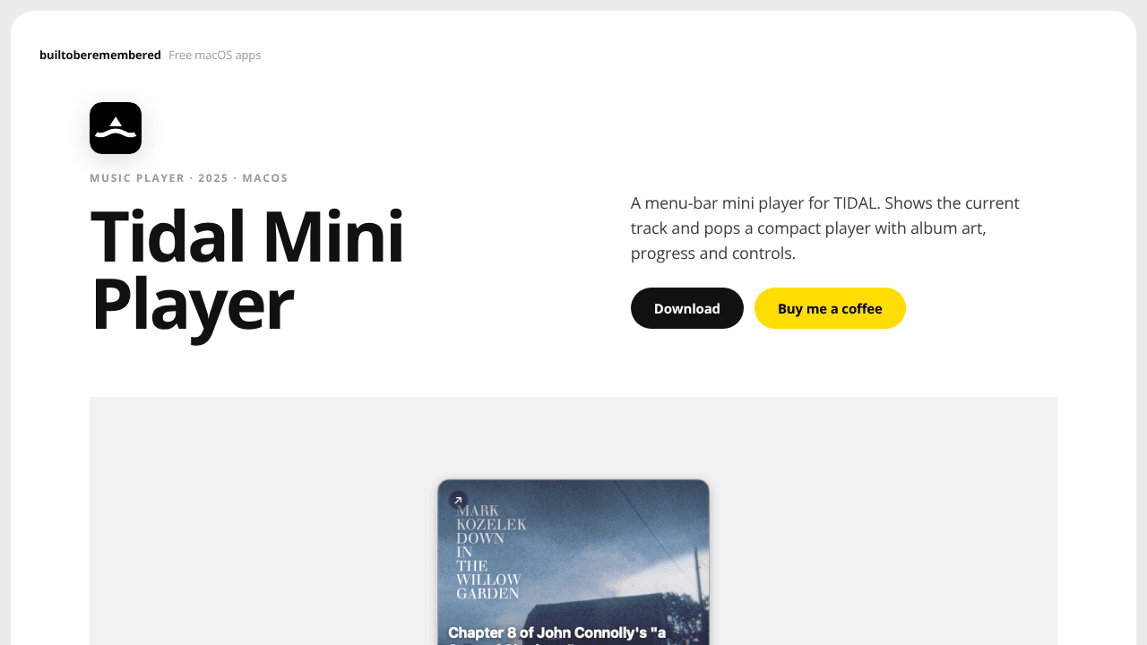 Tidal Mini Player — builtoberemembered website screenshot