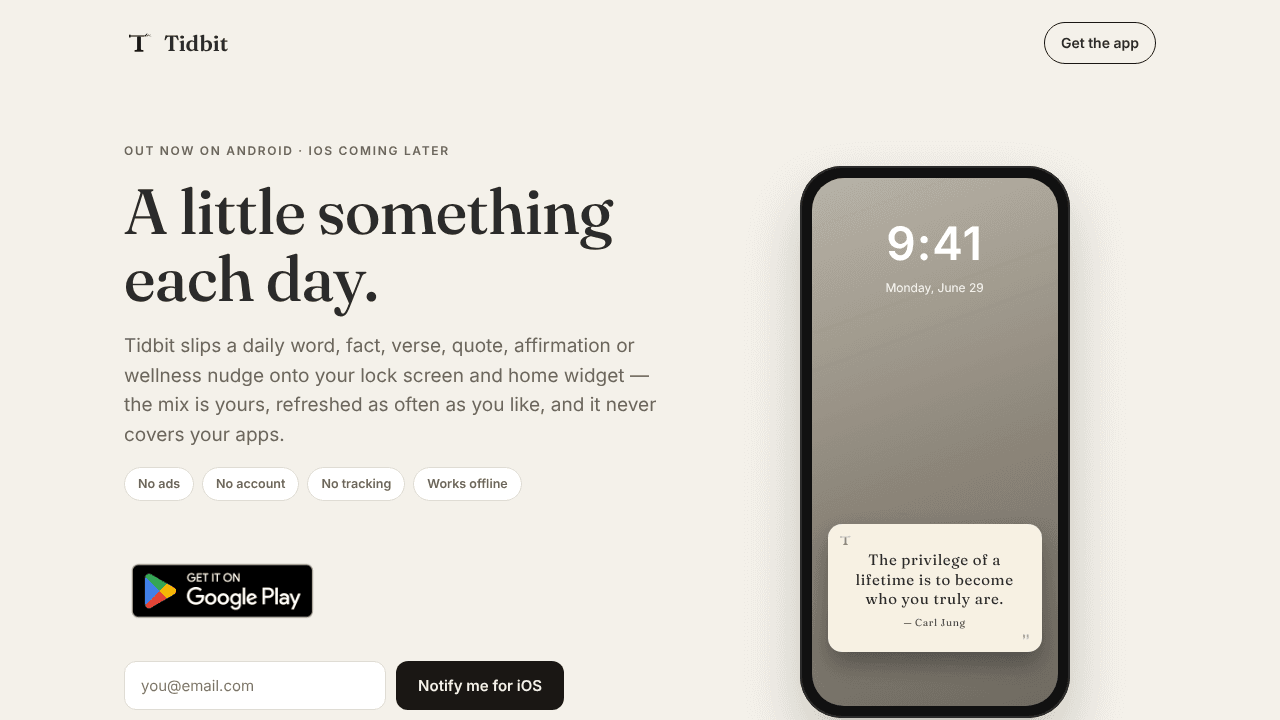 Tidbit — a little something each day website screenshot
