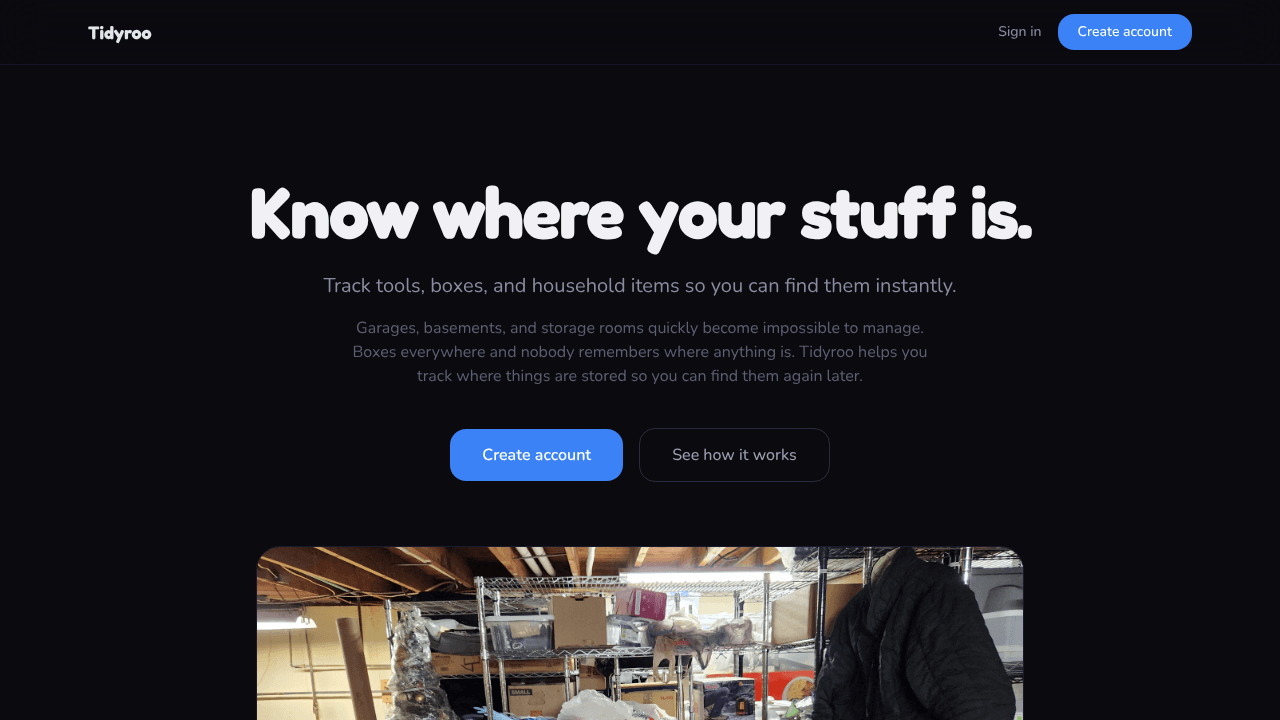 Tidyroo — Know where your stuff is website screenshot