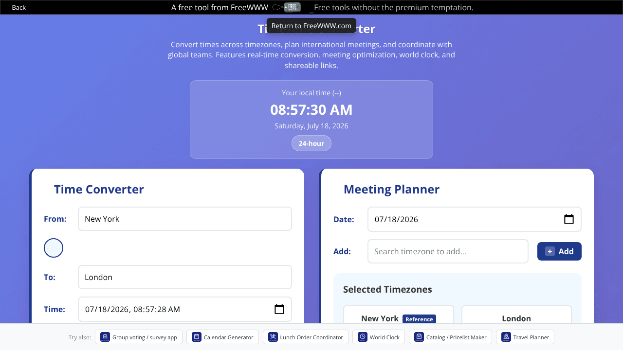 Time Zones Converter website screenshot