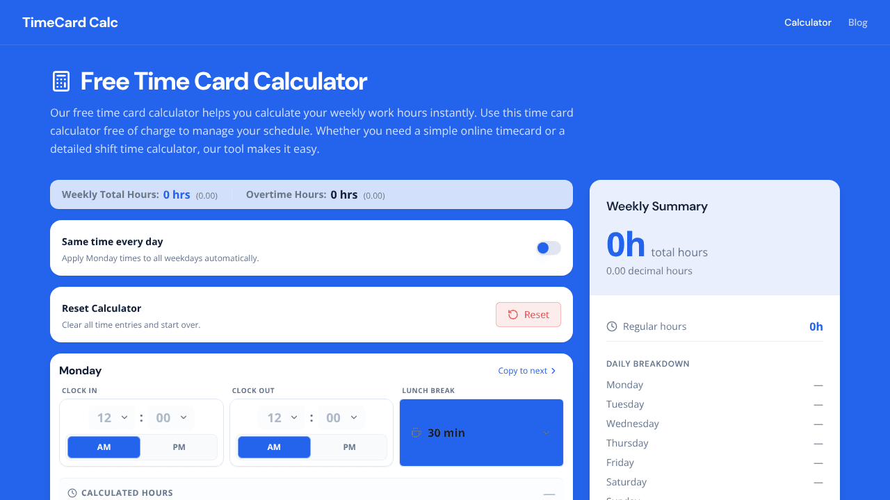 TimeCard Calc website screenshot
