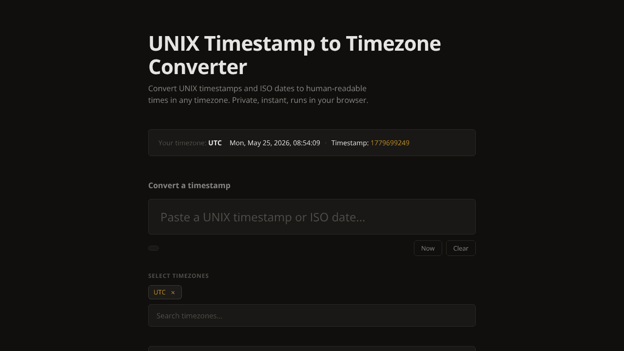 Timestamp to Timezone website screenshot