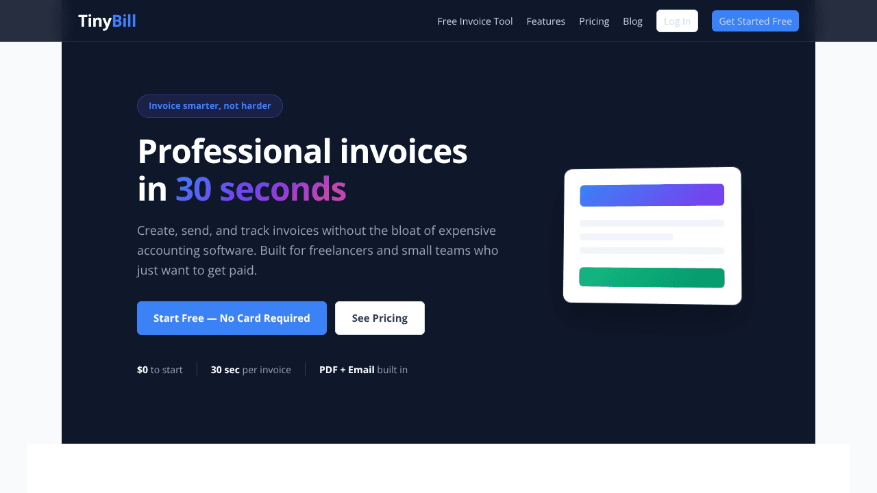 TinyBill — Simple Invoice Generator website screenshot