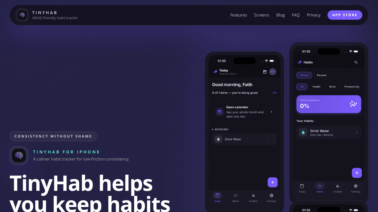 TinyHab: ADHD Habit Tracker website screenshot