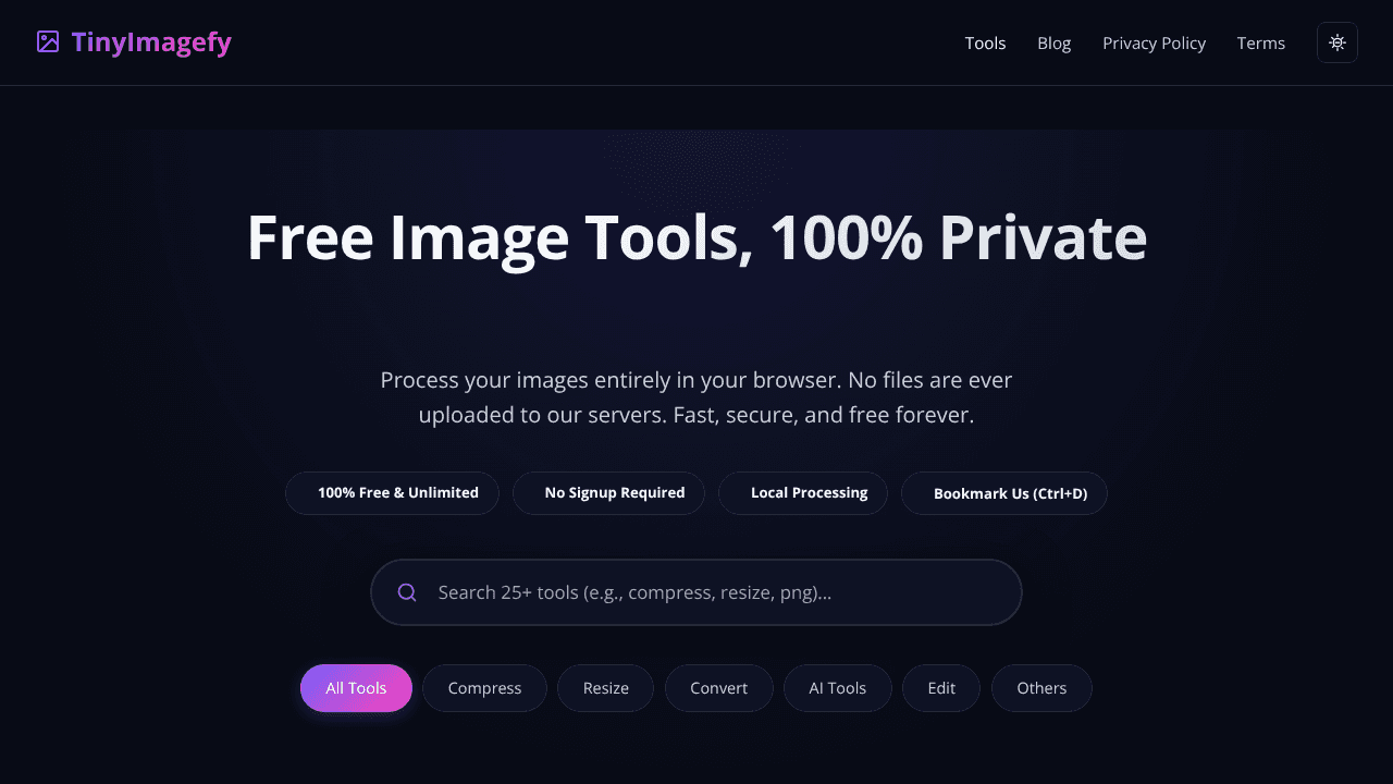 TinyImagefy —Free, Unlimited Image Tools website screenshot