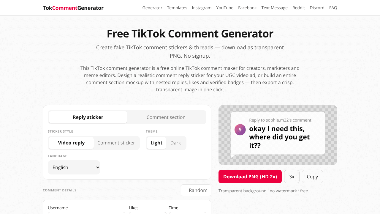 Tok Comment Generator website screenshot