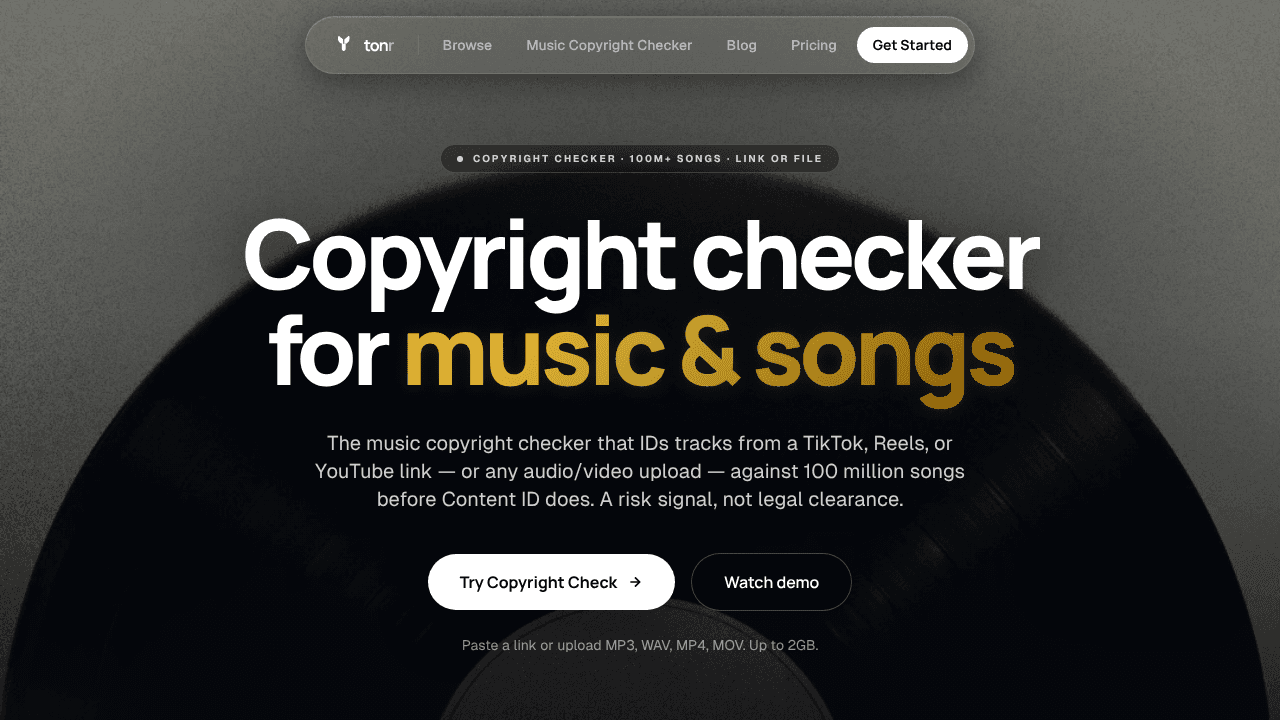 Tonr Music Copyright Checker website screenshot