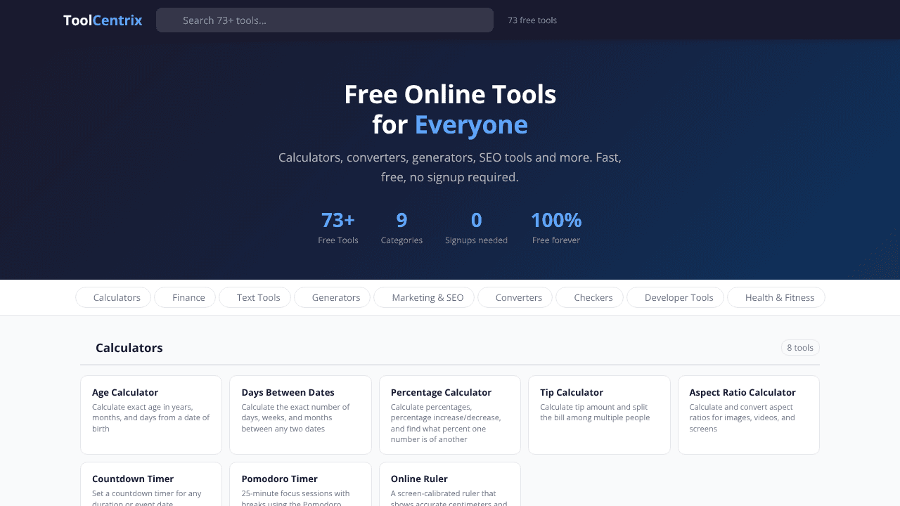 ToolCentrix — Free Online Tools website screenshot