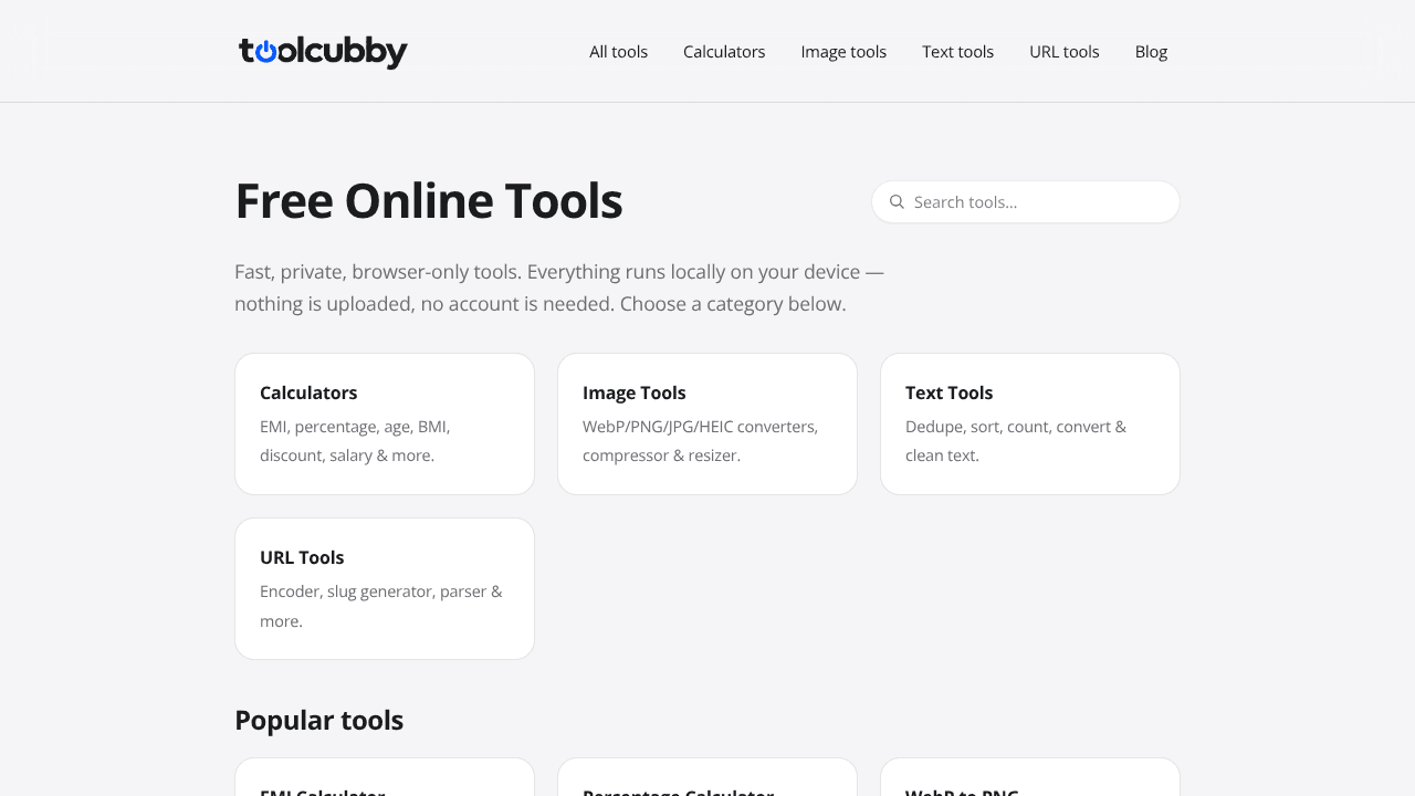 ToolCubby — Free Private Tools website screenshot