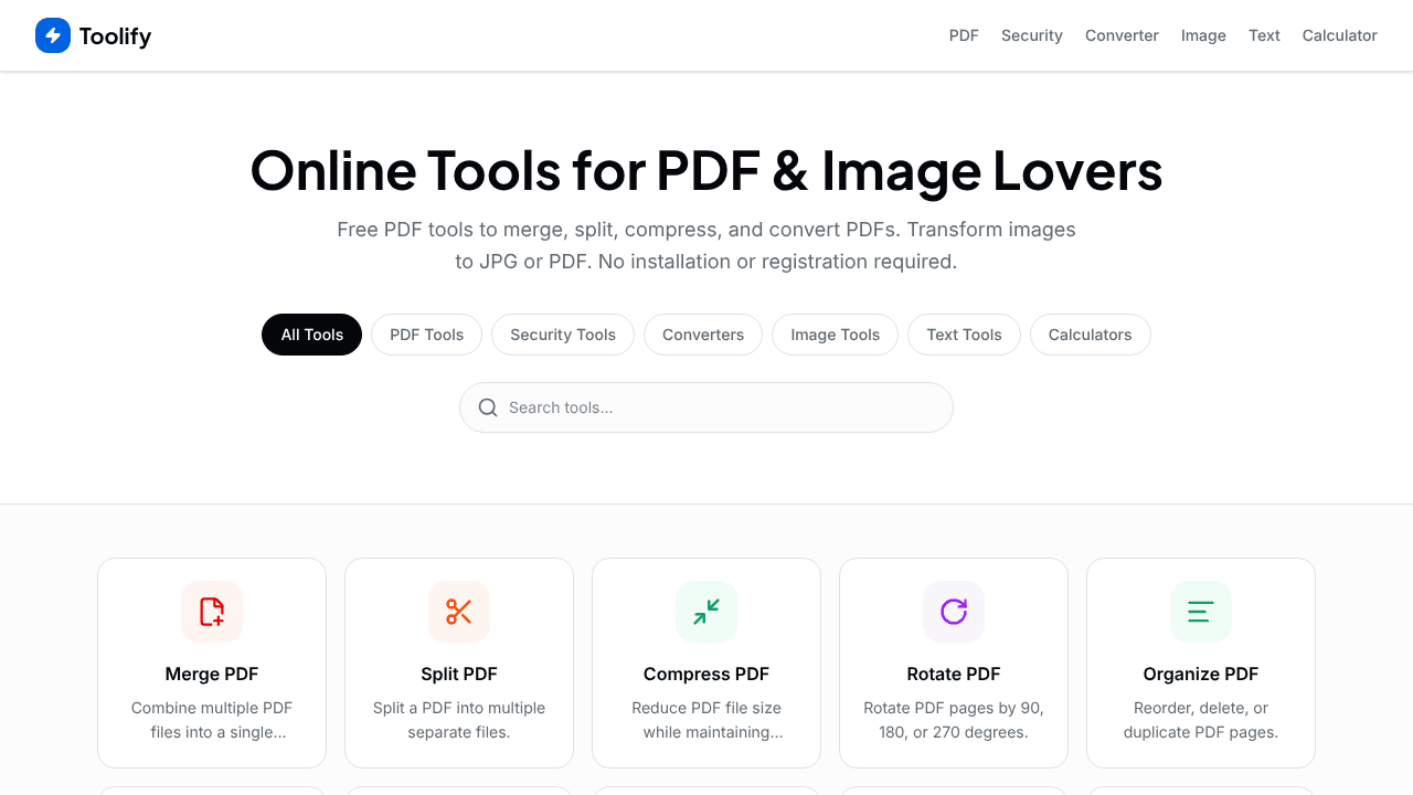 Toolifypdf — All Tools in One Place website screenshot