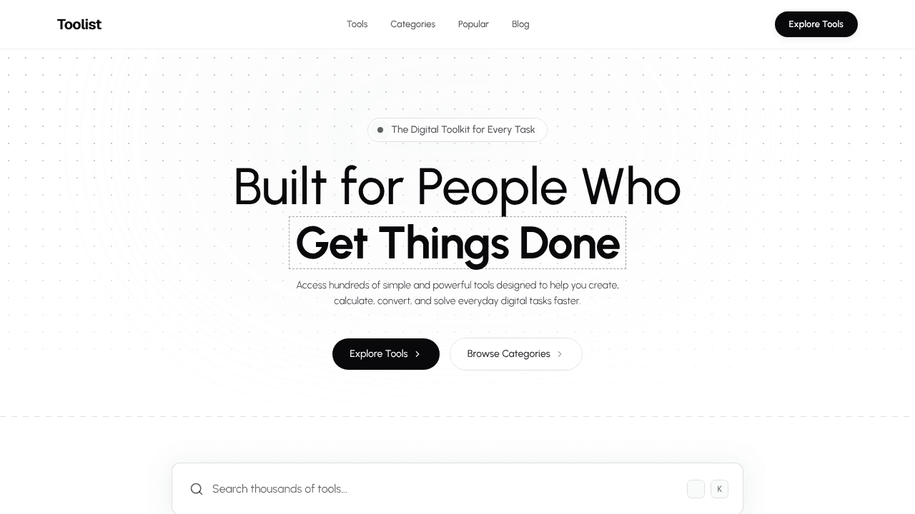 Toolist — Free Tools for Everyday Tasks website screenshot