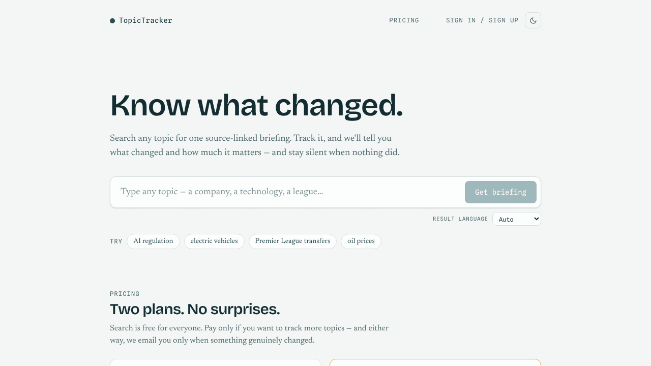 Topic Tracker website screenshot