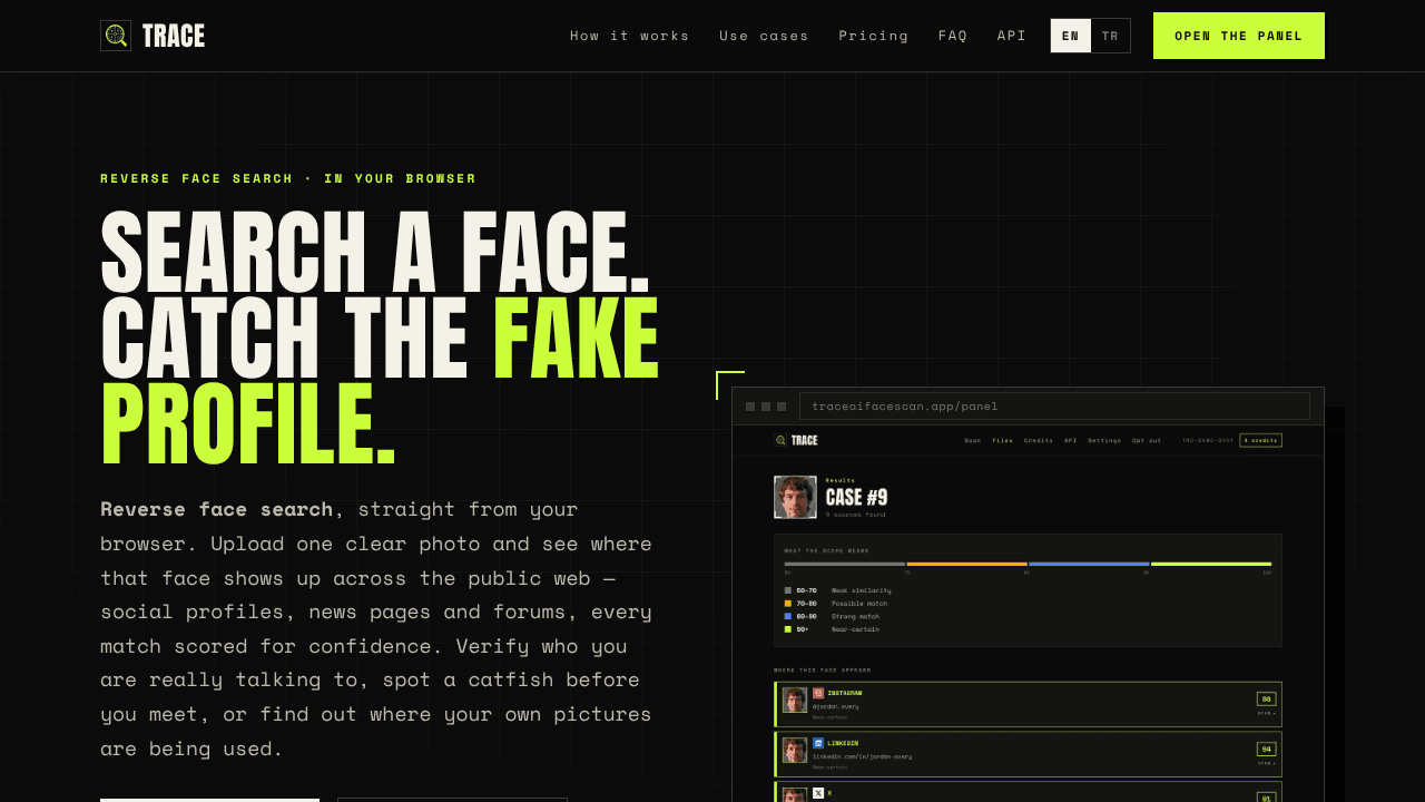 Trace AI Face Scan website screenshot