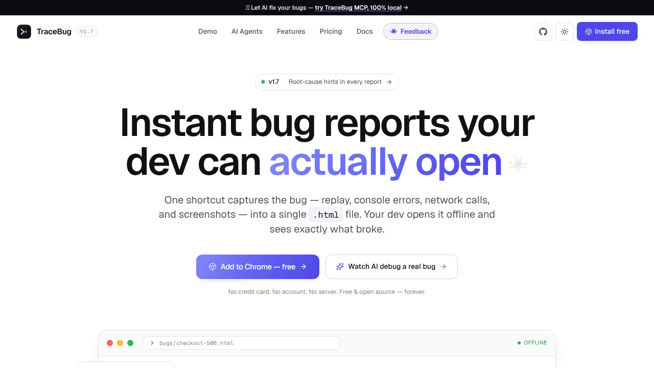 TraceBug website screenshot