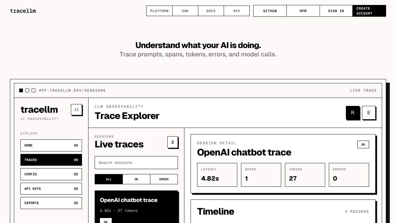 TraceLLM website screenshot
