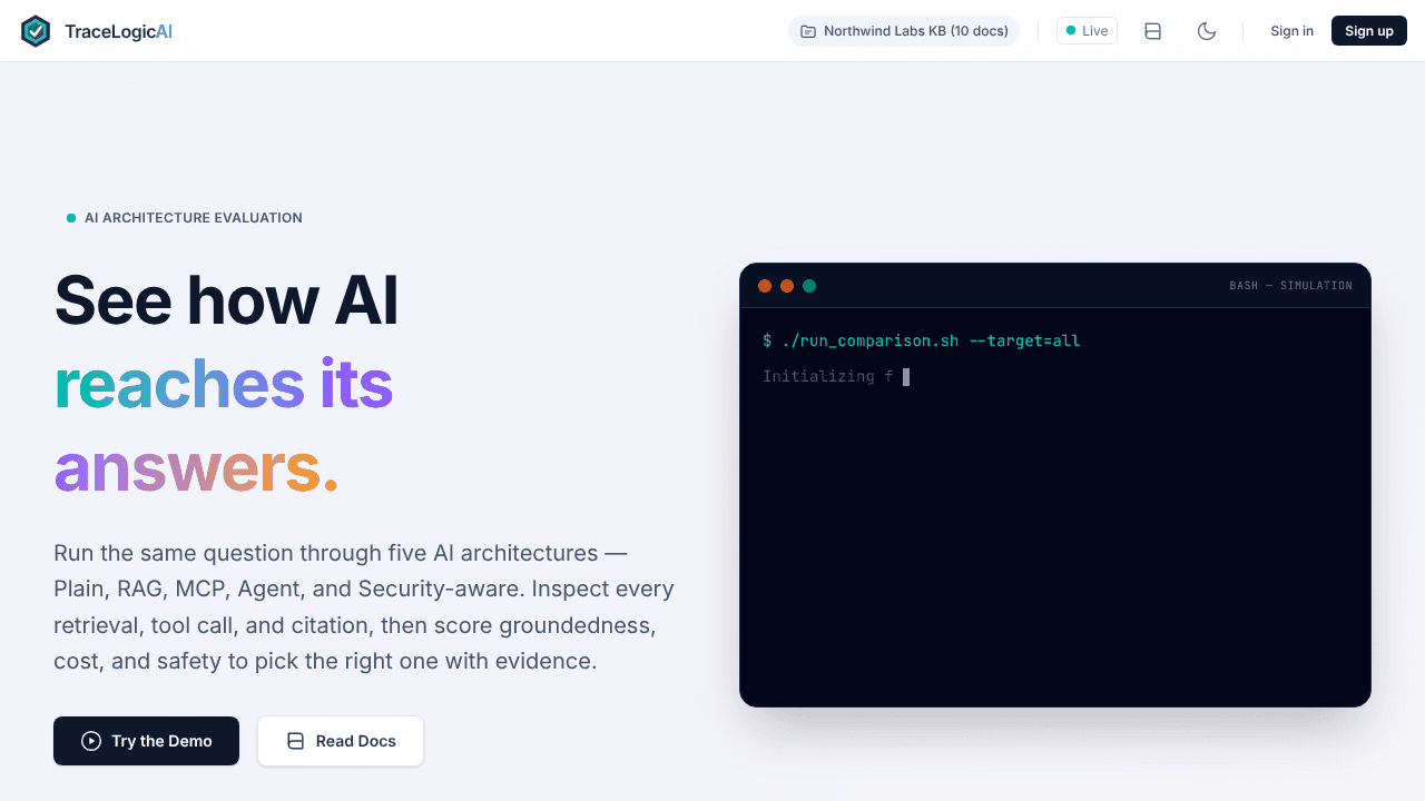 TraceLogicAI: AI Architecture Evaluation website screenshot