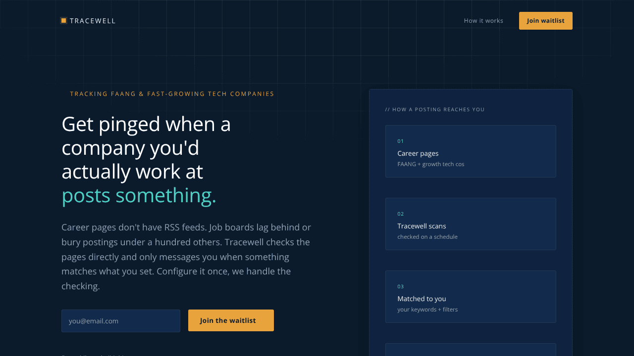 Tracewell — Job alerts for top tech cos website screenshot