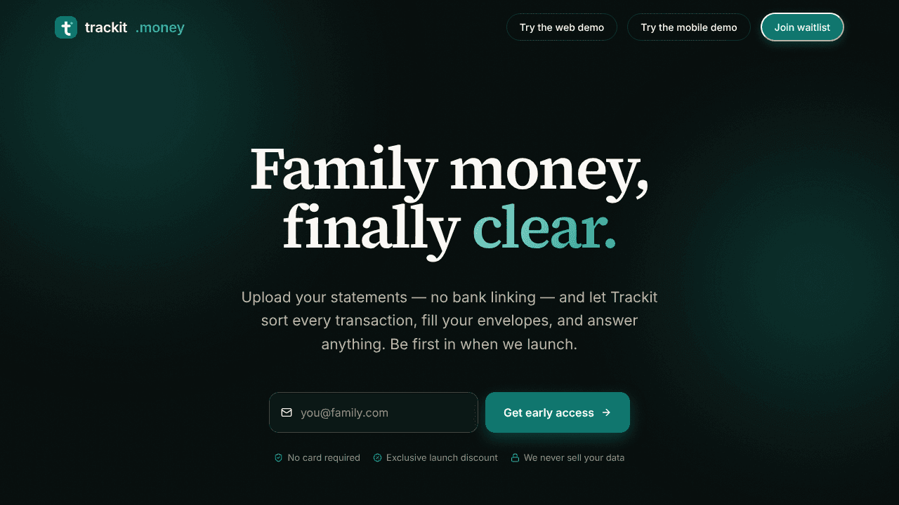 Trackit.Money — Join the waitlist website screenshot