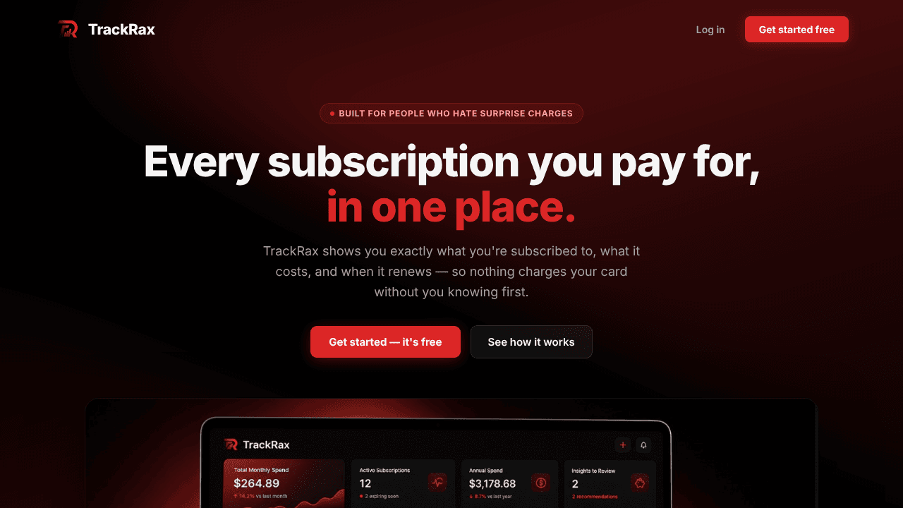 "TrackRax — Track every subscription" website screenshot