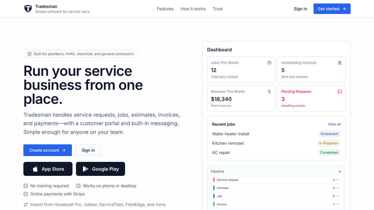 Tradesman website screenshot
