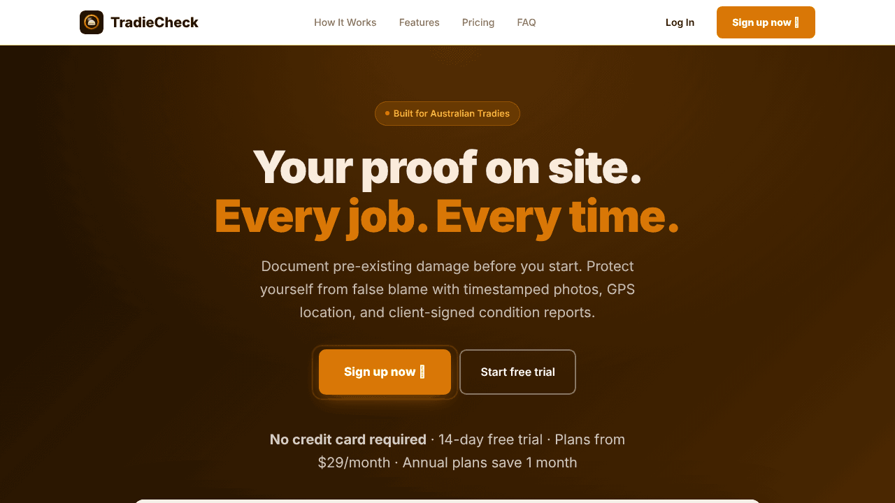 TradieCheck — Proof Before You Start website screenshot