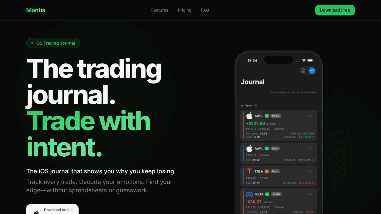 Trading Journal: Mantis website screenshot