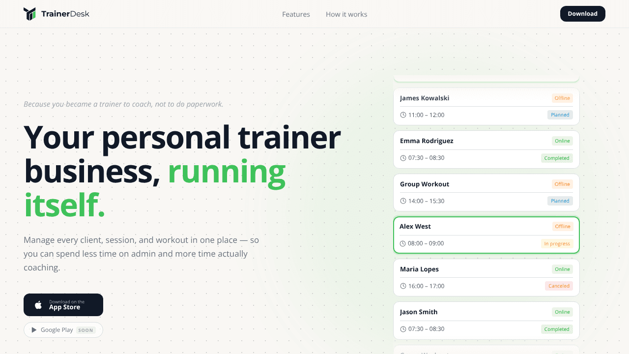 TrainerDesk website screenshot